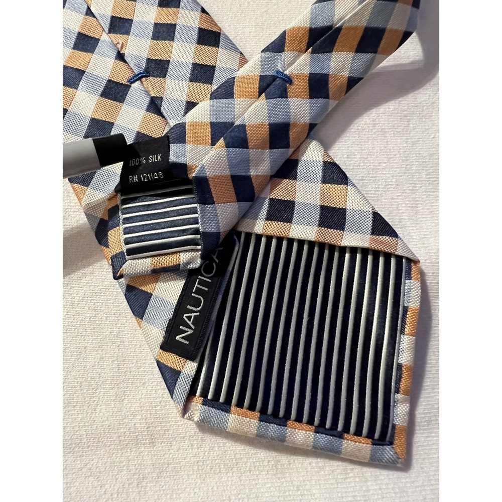 Nautica Blue Orange Diamond Plaid Check Woven Geometric Silk Tie Necktie Long